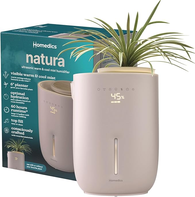 Homedics Natura Ultrasonic Warm & Cool Mist Humidifier, 1.3-Gal for Large Rooms, 60-Hr Runtime, Plant Holder, Programmable Humidity, Auto Shutoff, Nightlight Small Plant Compatible(Plant Not Included) by Homedics