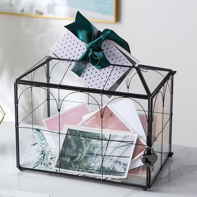 Wedding Card Box with Slot, 10.2'' Large Glass Card Boxes for Reception, Black Geometric Holder, Clear Decorative Storage Box with Lock for Baby Shower, Birthday Party, Christmas, Bridal Shower - Image 2