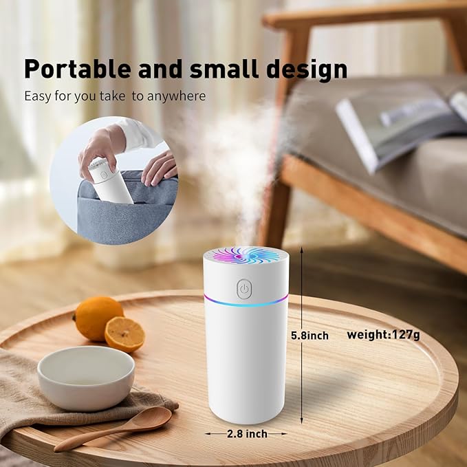 Portable Mini Humidifier with 7-color Lights, Cool Mist Small Desk Humidifiers Car Humidifier [2 Mist Modes] USB Personal Desktop Humidifiers for Bedroom, Office, Travel, Car, Plants, Super Quiet - Image 9