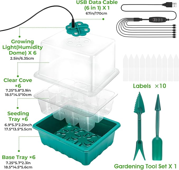 Seed Starter Tray with Grow Light, 6pcs Seed Starter Kits with Light and Humidity Domes, Timing Controller & Adjustable Brightness & 3 Light Mode, Indoor Seedling Starter Plant Germination Trays - Image 8