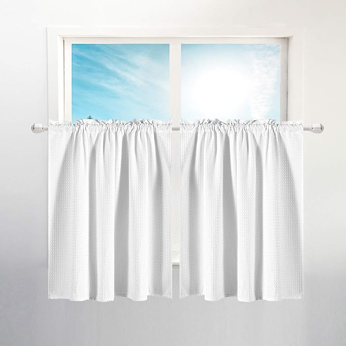 Barossa Design Waffle Weave Half Window Tier Curtains: Small Bathroom Window Curtains Waterproof with 36 inch Length Short Length for Cafe & Kitchen - White, 36"x36" for Each Panel, Set of 2 by BarossaDesign