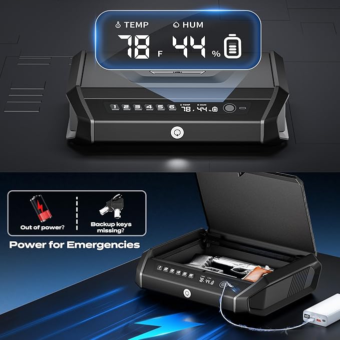 Gun Safe with LCD Display, ≤0.1s Quick Access Handgun Safe for 2-4 Pistols, Hand Gun Lock Box with Fingerprint | Keypad | and Keys for Home Drawer Bedside Nightstand - Image 5