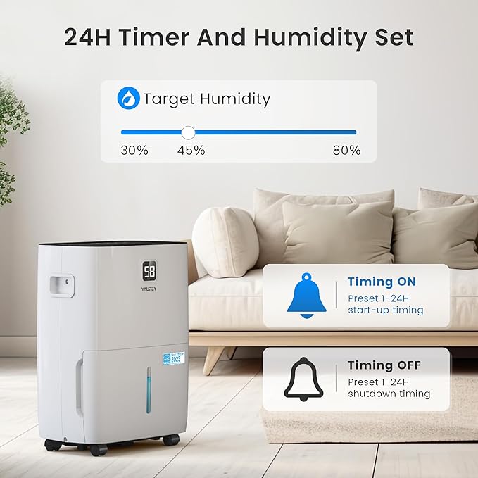 Yaufey 5000 Sq. Ft. Energy Star Certified Dehumidifier, Max 80 Pints Dehumidifier for Basement with Drain Hose, Smart Compressor with Intelligent Humidity Control, Dehumidifiers for Home Bedroom - Image 3