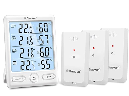 Geevon Indoor Outdoor Thermometer Wireless, 5-Inch Display Digital Hygrometer Thermometer Temperature Humidity Monitor with 3 Remote Sensors and Backlight, Battery-Powered(White) by GEEVON