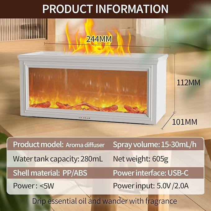 Flame Effect Essential Oil Diffuser - 280ML Ultrasonic Aromatherapy Diffuser with Realistic Fireplace LED, Remote Control, 7 Colors, Timer, Quiet Operation for Home Bedroom Office - Image 8