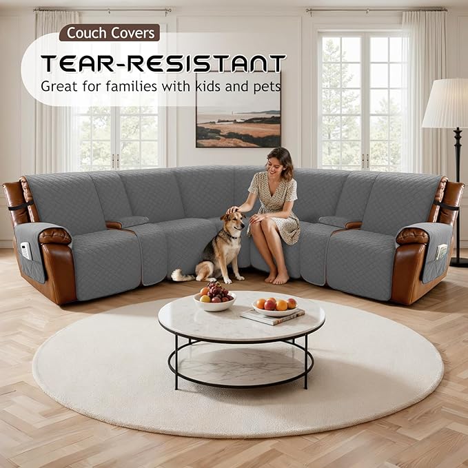 Arfntevss Waterproof Recliner Sectional Couch Covers for Reclining L Shape Sofa Cover Non Slip Washable L Shaped Slipcover Sets for Dog Furniture Protector (5 Seat with 2 Console Cover, Dark Gray) - Image 7