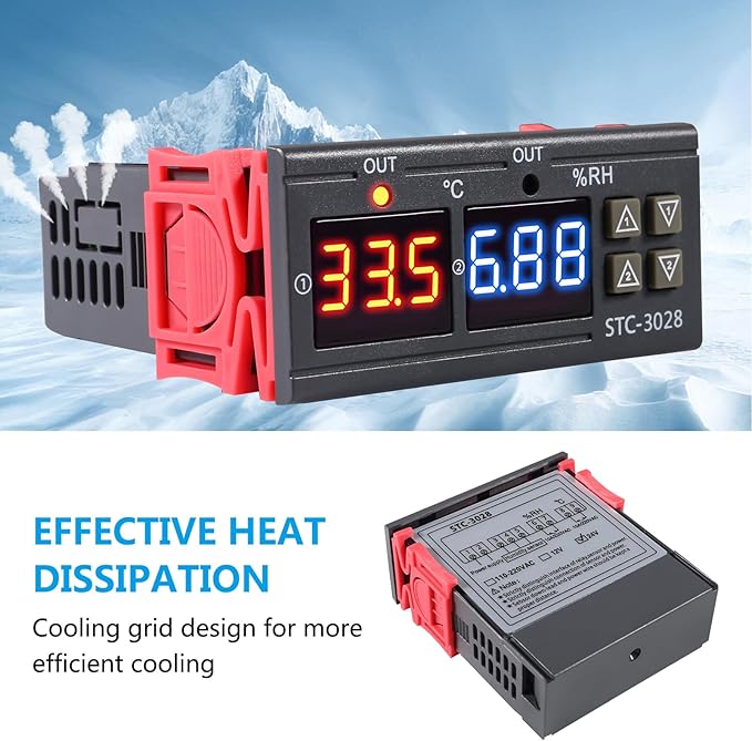 STC-3028 24V Temperature & Humidity Controller with Integrated Sensor, Dual Digital Display Thermometer Hygrometer, Incubator Controller - Image 3