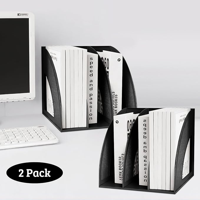 SAYEEC 2Pcs Magazine Holder Plastic File Sorter Binder Holder for Desk Folder Organizer Stand Book Shelf Dividers Vertical Filling Storage Rack Desktop Bookshelf Display Box for Office School (Black) - Image 6