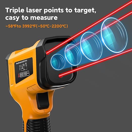 -58°F to 3992°F High-Temp Infrared Temperature Gun, Industrial Laser Thermometer Gun High Precision Triple Laser Non-Contact Pyrometer Termometer for Furnace, Kiln, Forge, Furnace, Engine, HVAC - Image 2