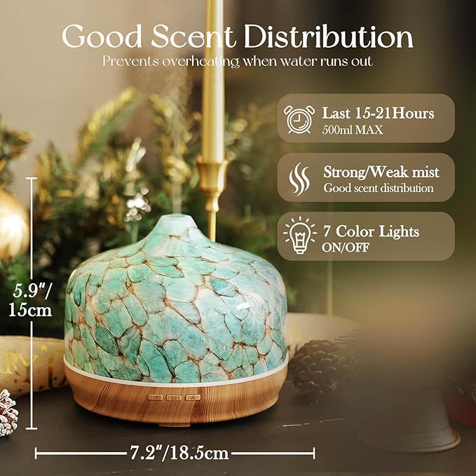 Porseme 500ml Glass Essential Oil Diffuser Aromatherapy Ultrasonic Cool Mist Humidifier 15-21 Running Hours Waterless Auto-Off Air Diffusers for Sleeping Yoga Office Working Spa and Rest (Light Blue) - Image 3