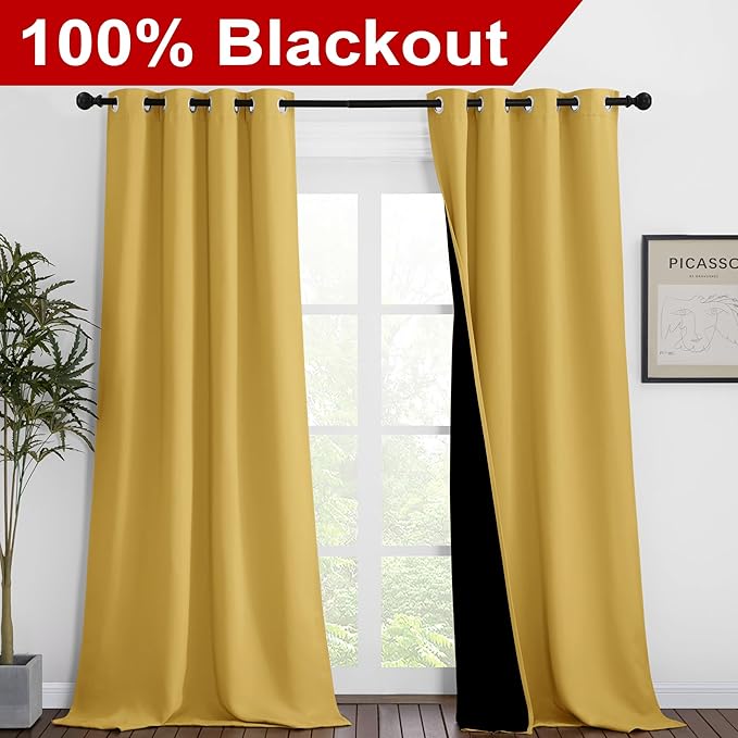 NICETOWN 100% Blackout Blinds, Set of 2, 46 inches x 96 inches, Laundry Room Decor Window Treatment Curtains for Large Patio Sliding Door, Thermal Insulated Bright Yellow Curtains for Bedroom - Image 2