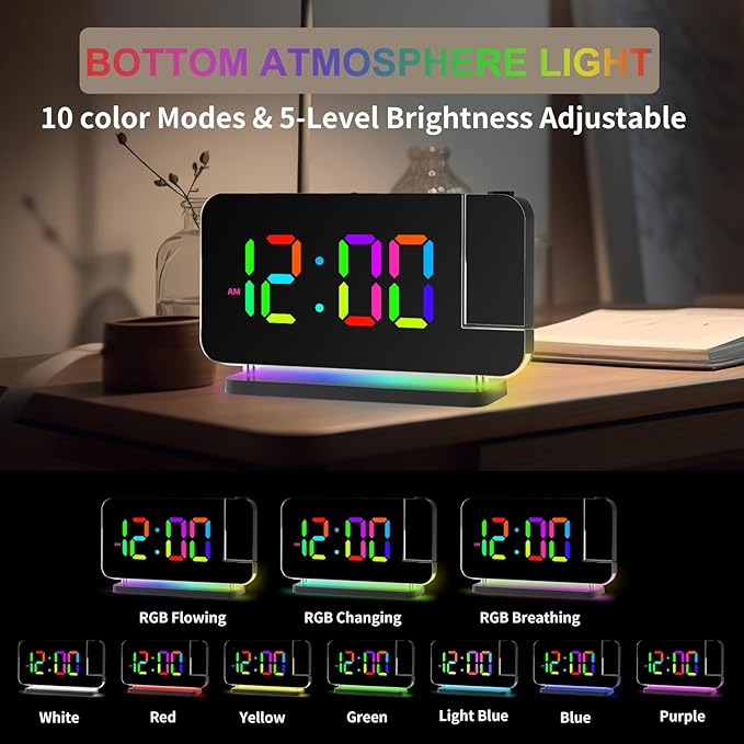 Projection Alarm Clock for Bedroom Ceiling,RGB Digital Clocks Radio with 10 Colors RGB Night Light,Loud Alarm Clock for Heavy Sleepers,USB C Charger Port,Snooze,12/24H,Auto Dimming - Image 5