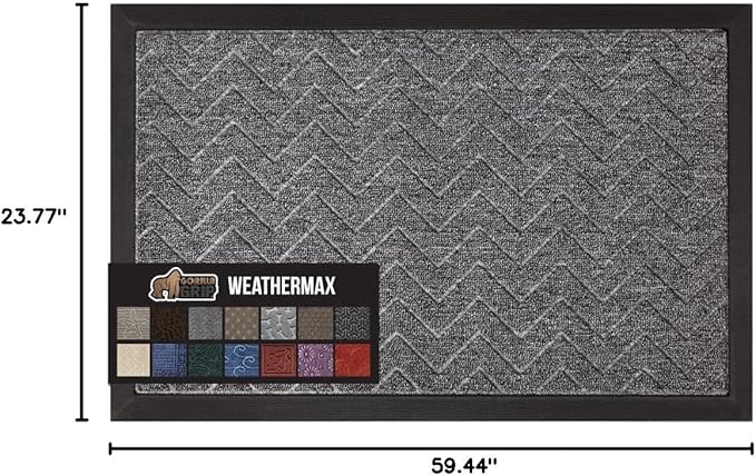 GORILLA GRIP 100% Waterproof All-Season WeatherMax Doormat, 60x24, US Designed Natural Rubber, Stain and Fade Resistant, Low Profile Indoor Outdoor Door Mats, Easy Clean Patio Mat, Steel Chevron - Image 2