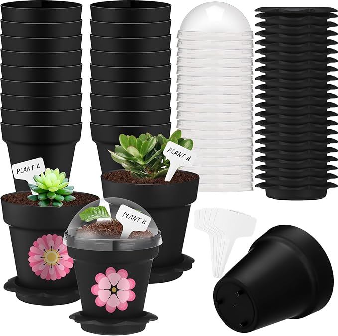 30 Pcs Plant Nursery Pots with Humidity Dome 2.95'' Small Plant Pots Plastic Gardening Container Planter Starter Seed Starting Trays for Seedlings Succulents with 30 Pcs Labels(Black) by Jingmore