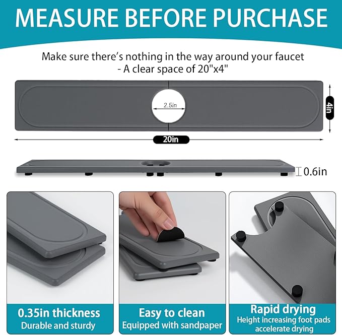 Faucet Mat for Kitchen Sink with Raised Feet, Fast Drying Diatomite Stone Sink Tray, Water Absorbent Faucet & Sink Splash Guard, Prevents Moisture Buildup, Durable Protector for Bathroom Counter - Image 6