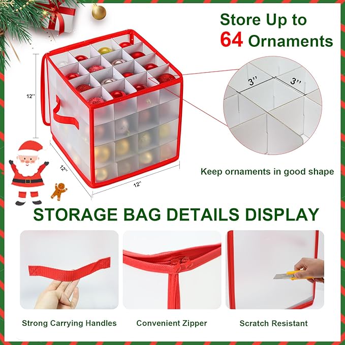 Christmas Ornament Storage Box, 64 Christmas Decoration Storage Box with Two Handles, Holiday Xmas Ornaments Box with Lid, Double-Sided Trays with Durable Zippers for Season - Image 5
