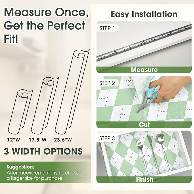 Coavas Extra Grip Thickened Shelf and Drawer Liner - Non-Adhesive Non-Slip Waterproof Mats for Kitchen Cabinets, Drawers, Shelves, Dresser & Cupboard, Easy Cut DIY (Green Rhombic, 24IN x 20FT) - Image 6