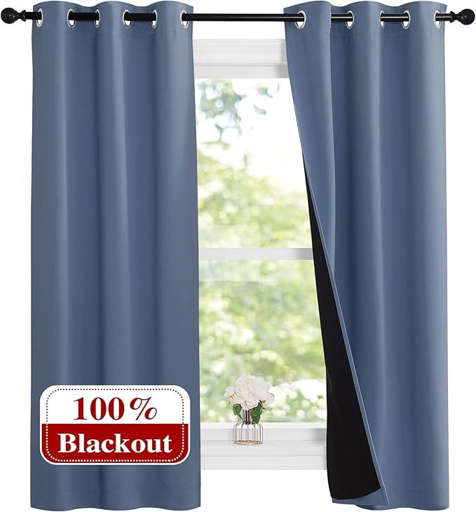 NICETOWN Stone Blue 100% Blackout Small Curtains 63 inches Long, Thermal Insulated Full Blackout 2-Layer Lined Drapes, Energy Efficiency Window Draperies for Boy's Room (2 Panels, 37-inch W) by NICETOWN