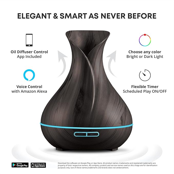 Smart WiFi Wireless Essential Oil Aromatherapy 400ml Ultrasonic Diffuser & Humidifier with Alexa & Google Home Phone App & Voice Control - LED & Timer Settings Dark Brown - Image 2