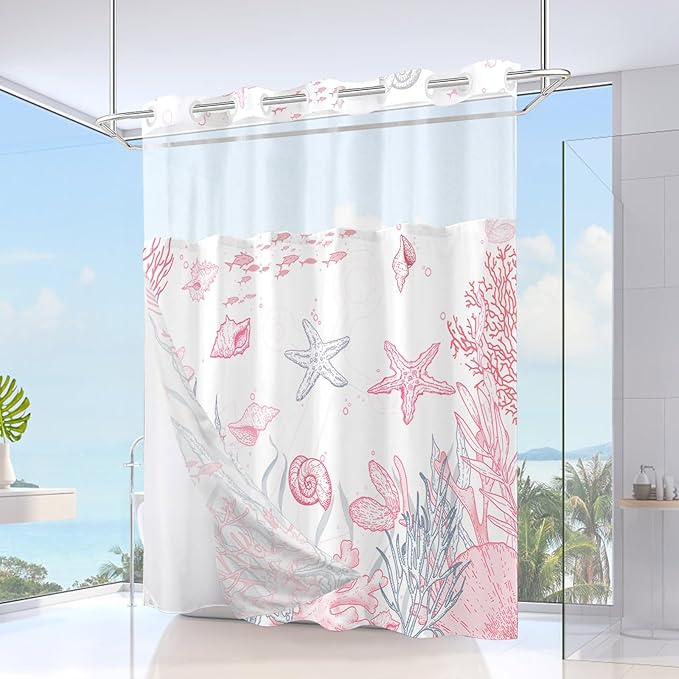 Extra Long No Hook Shower Curtain with Snap in Liner, Beach Ocean Nautical Coastal Shower Curtains and Liner Set for Bathroom, Seashell Fabric Bath Curtain, Waterproof Washable, Pink 71"x84" - Image 2