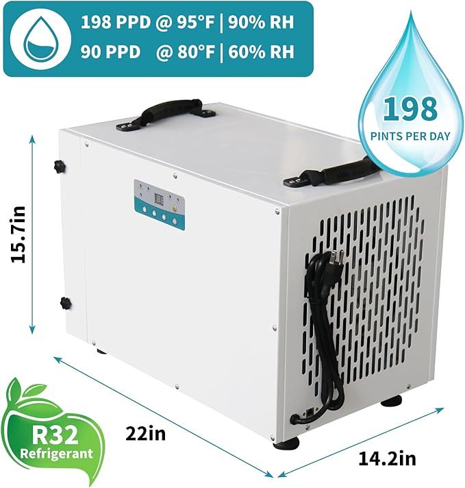 198 Pint Commercial Dehumidifier with Drain Hose for 1300 Sq Ft - Auto Defrost | Smart Control | Compact and Portable for Crawl Spaces, Basements and Industry Water Damage Unit - Image 2