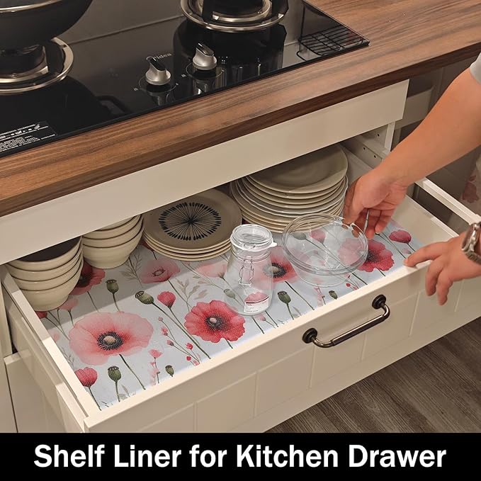 Floral Shelf Liners Strong Non-Slip and Non Adhesive Shelf and Drawer Liners for Kitchen Cabinet Wire Fridge, Waterproof Shelf Drawer Liner,Easy to Clean,12IN x 10FT,Red - Image 3