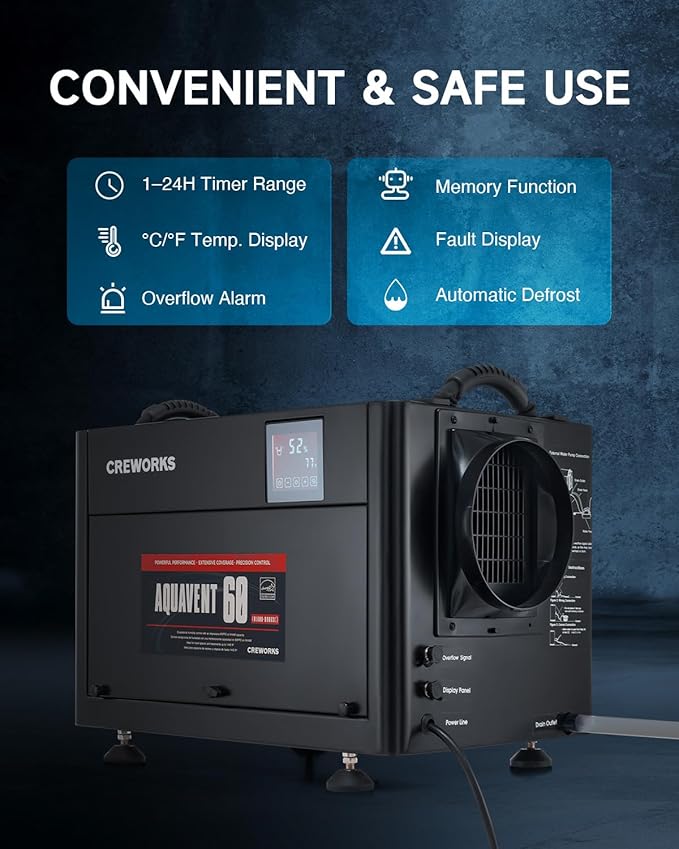 CREWORKS 130 PPD Crawl Space Dehumidifier, Commercial Dehumidifier for Basement with Built-in Drain Hose, Crawl Space Dehumidification with Auto Defrost & Detachable Display Panel - Image 2