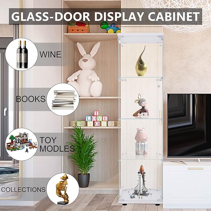 Yoluckea 4 Shelves Glass Display Cabinet with Door, Curio Collection Display Case for Home Office, Floor Standing Bookshelf Corner Cabinet Upgrade Assembly (White) - Image 7