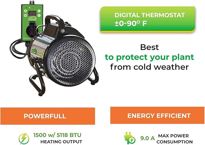 BioGreen Electric Greenhouse Heater & Fan with Digital Thermostat PALMA | 1500 Watts, 5100 BTU/hr | 5800 ft³/h Air Circulation -58 to 210.2°F | Stainless Steel | Spraywater Proof - Image 4