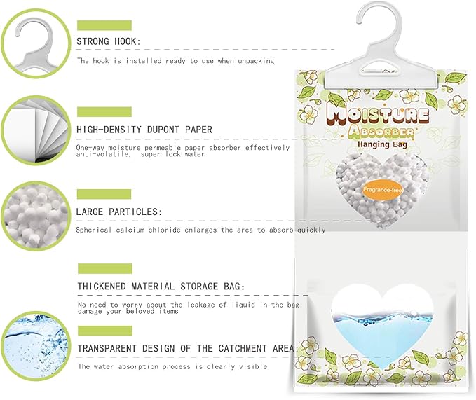 14 Pack Moisture Absorber Hanging Bags,220g/Pack Fagrance Free Moisture Bag,Hanging Closet Dehumidifier Bags for Basement Closet Storeroom - Image 2