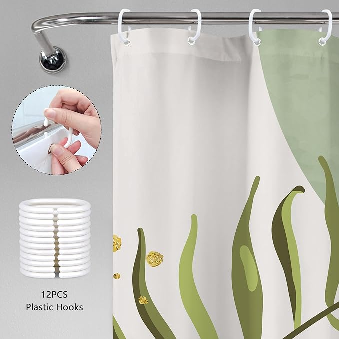 Sage Green Boho Shower Curtain 72Wx78H Modern Bohemian Abstract Leaves Olive Dark Green Mid Century Plant Bathroom Decor Minimalist Geometric Arch Bath Curtain Fabric Polyester 12 Pack Hooks - Image 5
