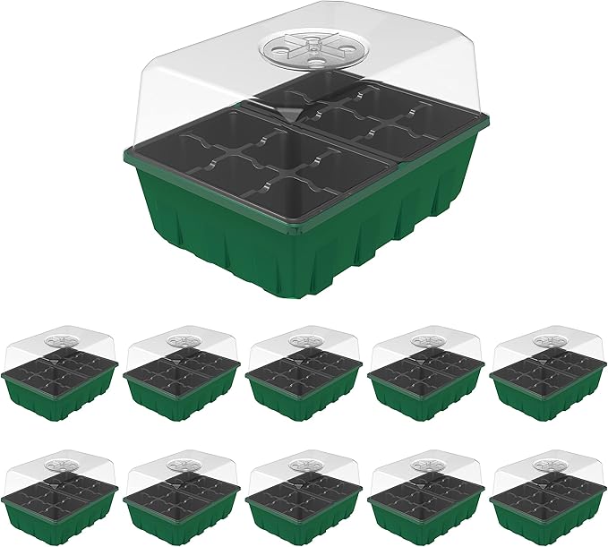 Gardzen 10-Set Garden Propagator Set, Black Seed Tray Kits with 120-Cell, Seed Starter Trays with Dome and Green Base 6.6" x 4.5" (12-Cell Per Tray) by Gardzen