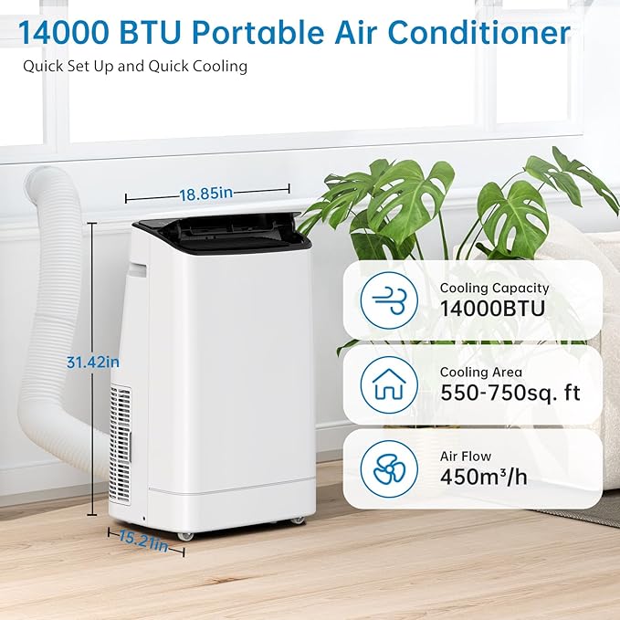 GarveeLife 14,000 BTU Portable Air Conditioner - 3-in-1 Cooling, Dehumidifier & Fan - Fast Cooling, Quiet Operation, LED Display, Remote - For Rooms up to 750 Sq.Ft - Color: White - Image 2