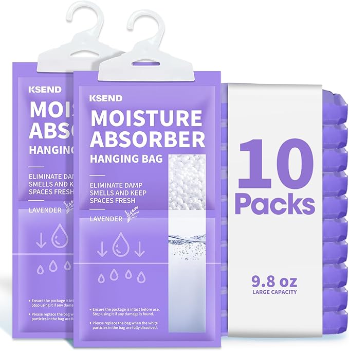 Moisture Absorbers 10 Pack, 9.8 Oz Compact Dehumidifier Bags & Packs, Moisture Hanging Bag, Humidity Absorbers, Closet Deodorizer Against Musty Odors, Lavender Scent, 11.8" x 6.3" by Ksend