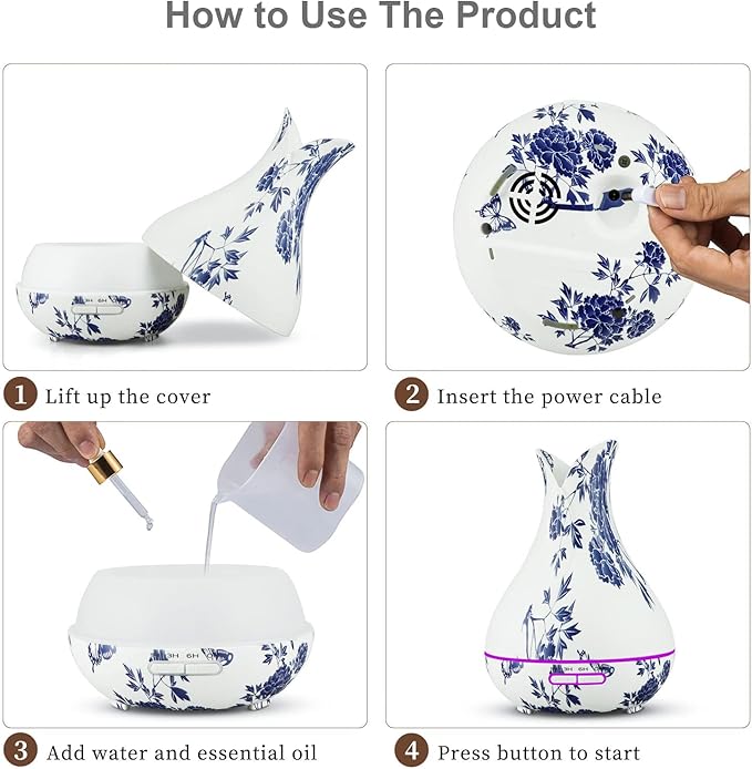 Oriental Blue-and-White Floral Pattern Grain Aroma Diffuser (400 ml) Ultrasonic Cool Mist Humidifier, U-MATE, Essential Oils Aromatherapy, 7 Colors LED Light, for Office Home Study Yoga Spa - Image 7