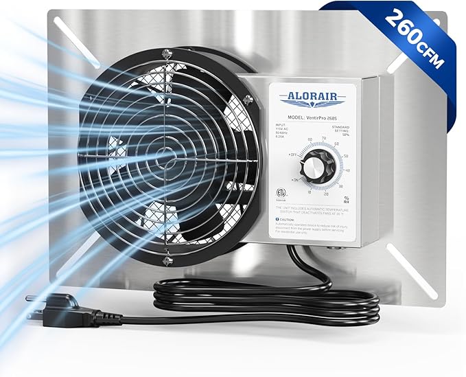 ALORAIR 260 CFM Stainless Steel Crawl Space Vent Fan - Air Out Crawlspace Ventilation Fan with Humidistat Dehumidistat, IP55 Exhaust with Isolation Mesh for Foundation Basements Garage Attic by ALORAIRSOLUTIONSINC0J0DC