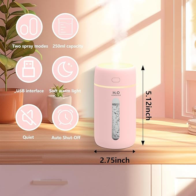 Lisacool Small Humidifier,Portable Mini Humidifier for Bedroom,Office, Car,Travel with Night Light, Auto Shut-Off,Super Quiet (Pink) - Image 2