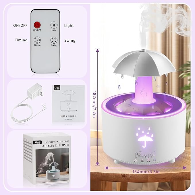 Humidifier for Bedroom, Rotating Umbrella Diffuser with Rain Drop Effect 7-Color LED, 300ML Small Humidifier with Remote & Timer, Funny Rain Humidifiers Gift for Family and Friends (White) - Image 7