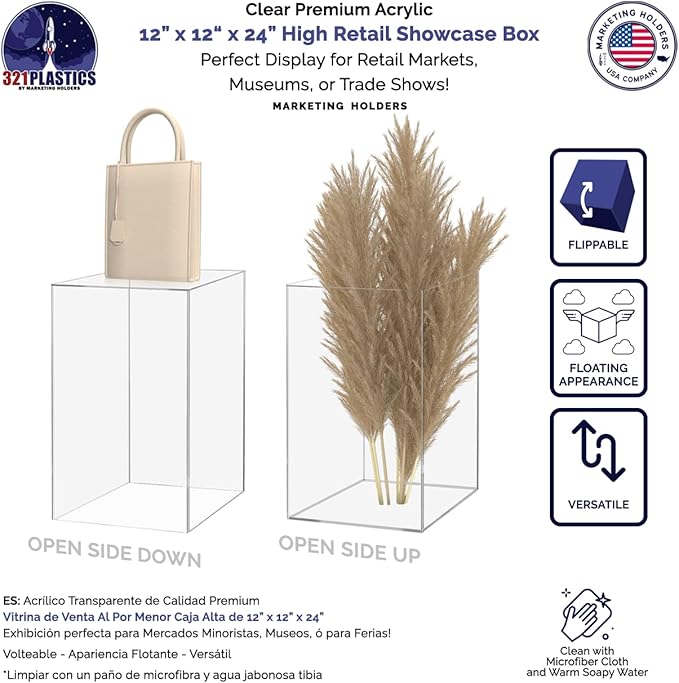 Tall Display Box Clear Acrylic 12" x 12” x 24” No Lid Hollow Pedestal 5 Sided Retail Merchandise Socle Display Trinkets Flower Tower Bin Elevated Multi Use Product Showcase by Marketing Holders - Image 3
