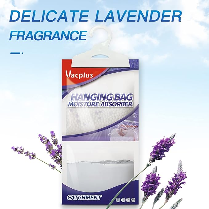 Vacplus Moisture Absorbers, Hanging Closet Dehumidifier Bags, Humidity Packs, Desiccant, Closet Dehumidifiers with Lavender Fragrance, 10 Pack, 9.8 OZ - Image 2