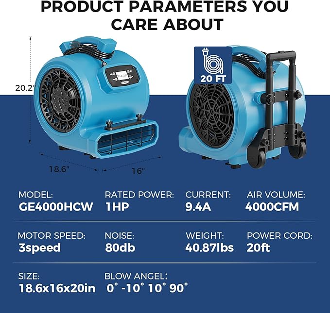 ALORAIR 4000 CFM Air Mover Blower Fan for Industrial, Floor Drying Fan, Carpet Dryer - 18 Timer, Handle Wheelkit, Digital Control, Carpet Buckles, for Water Damage Restoration and Plumbing - GE4000HCW - Image 9