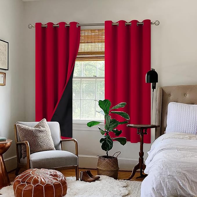 BGment Christmas 100% Blackout Curtains Thermal Insulated with Liner for Living Room Decoration - Grommet Double Layer Energy Saving Bedroom Curtain Drapes (52 x 84 Inches, Red, 2 Panels) - Image 2