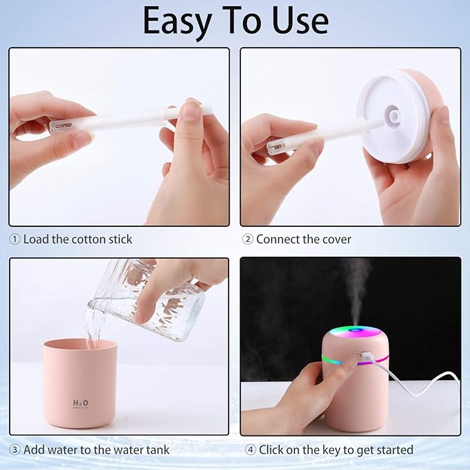 2 Pieces Cool Mist Portable Mini Humidifiers, 300 ml, Quiet USB Personal Desktop Humidifiers with 2 Mist Modes and Auto Shut Off for Bedroom Home (Pink, White) - Image 4