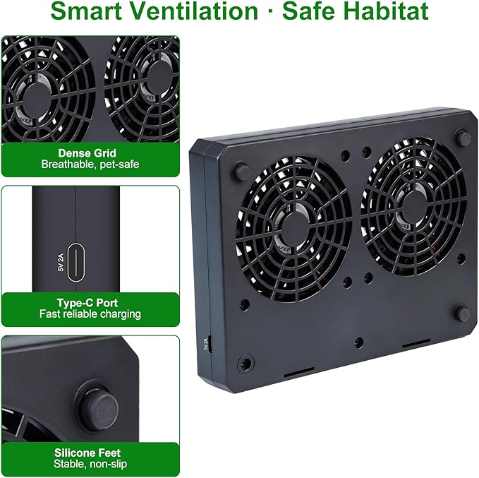 Reptile Dual-Head Temperature & Humidity Fan – Quiet Automatic Climate Control with Digital Display for Terrariums, Reptiles & Amphibians - Image 3