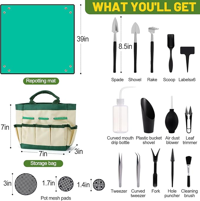 44pcs Small Gardening Tools Gifts for Women Beginners - Garden Hand Tools Set for Indoor Succulent Bonsai Plants Transplanting, Included Bag/Repotting Mat/Shovel/Labels, Green - Image 6