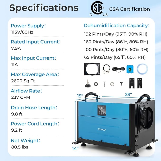 COSTWAY 192 PPD Commercial Dehumidifier, 2600 Sq.Ft Crawl Space Dehumidifier with 9.8 FT Drain Hose & Wired Remote Control Panel, Ideal for Basement, Warehouse, Job Site (Blue) - Image 8