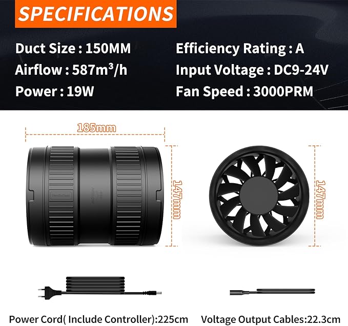 6 Inch Inline Duct Fan 345CFM Airflow with Stepless Speed Control Low Noise Energy Saving Ventilation Booster Fan for Grow Tents,Workshops,Basements - Image 2