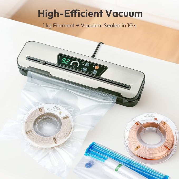 AMOLEN Vacuum Sealer Storage Bags Kit for Filament 20kPa, Dual-Use Vacuum Sealer Machine for Food 60kPa with Build-in Cutter&Storage, Digital Countdown, Air Suction Hose, 30 Vacuum Bags - Image 2
