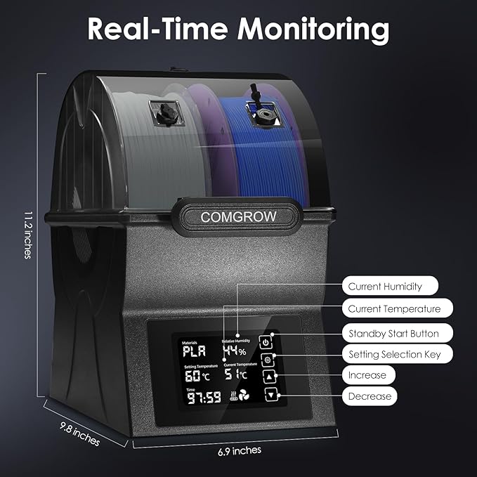 Comgrow Filament Dryer Box, SH02 Filament Dehydrator with PTC Fast Heater and Touch Screen, 3D Printer Filament Sealed Storage Box with 2 Spools Holder Compatible with PLA PETG TPU ABS 1.75/2.85mm - Image 7