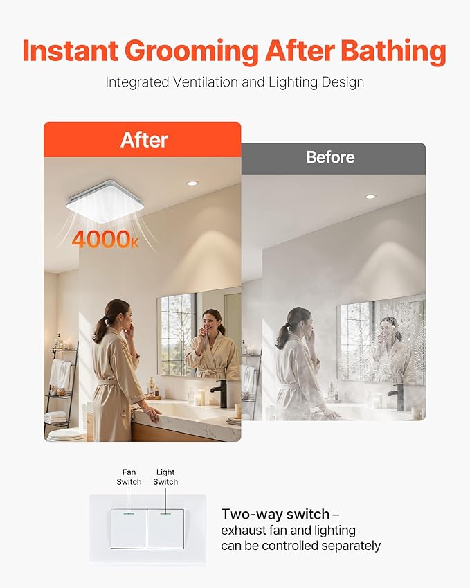 VEVOR Bathroom Exhaust Fan with LED Light, 80 CFM 4000K Bathroom Vent, 1.5 Sones Low-Noise, Premium Motor Ceiling Fan for Laundry Room, Storage Room, Home Ventilation, White - Image 5